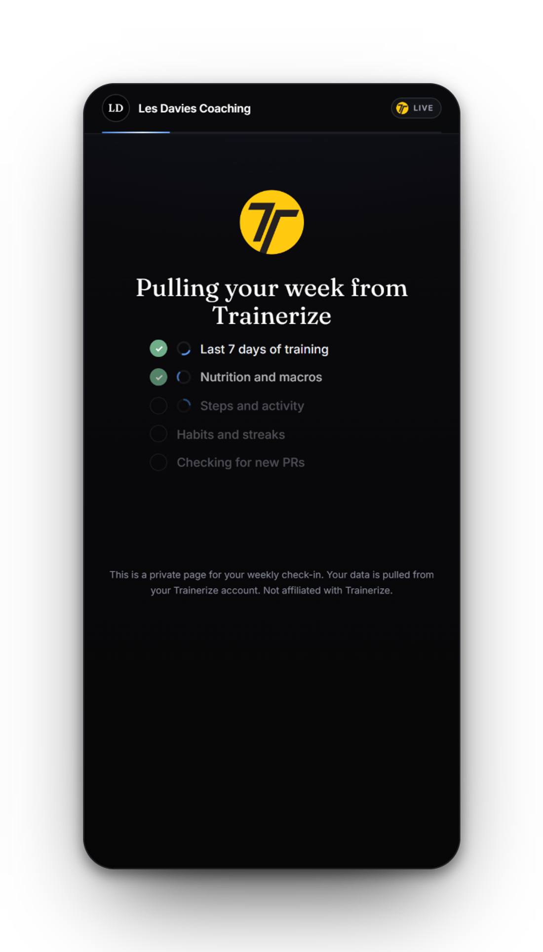 Live Trainerize data pulled into the check-in