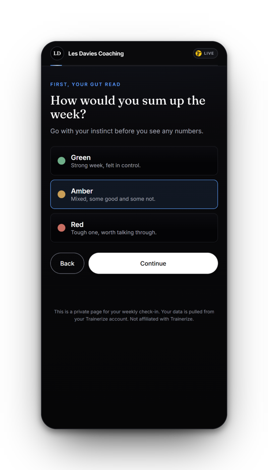The check-in opening with a one-tap gut read