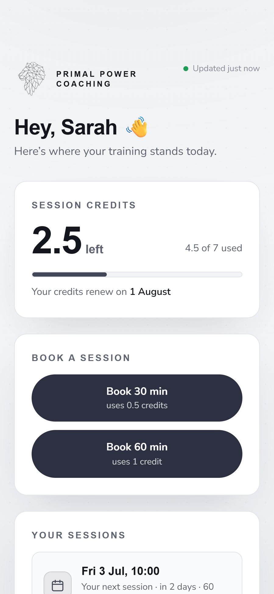 Val's client hub home screen