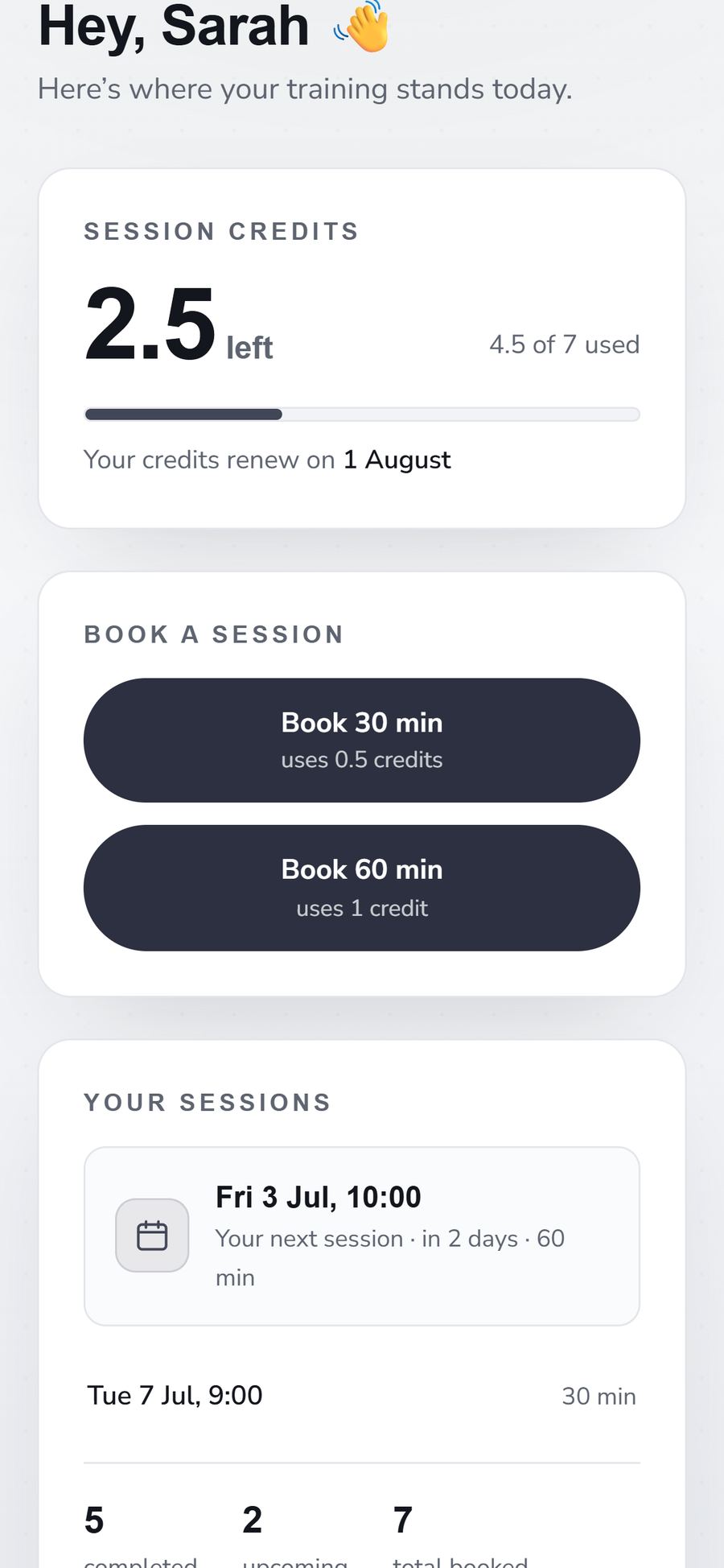 Session booking screen